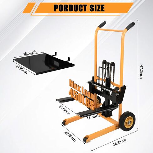 مكدس المواد اليدوي بسعة 450 رطلًا، رفع دواسة القدم الهيدروليكية، نطاق رفع الشوك القابل للتعديل، منصة قابلة للإزالة، مكدس يدوي من الفولاذ الكربوني شديد التحمل مع عجلات من البولي يوريثان لتحميل متجر المستودعات in Kuwait