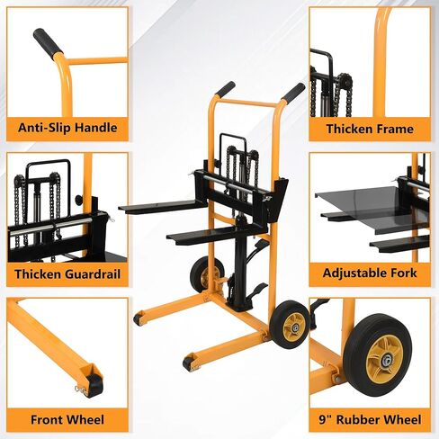 مكدس المواد اليدوي بسعة 450 رطلًا، رفع دواسة القدم الهيدروليكية، نطاق رفع الشوك القابل للتعديل، منصة قابلة للإزالة، مكدس يدوي من الفولاذ الكربوني شديد التحمل مع عجلات من البولي يوريثان لتحميل متجر المستودعات in Kuwait