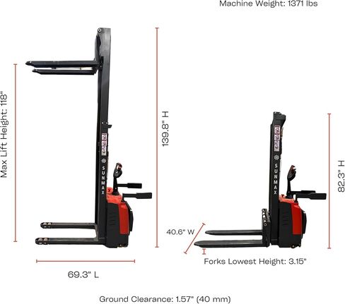 Full Electric Pallet Stacker, 3300 lb Capacity, 118" Lift Height, Walk-Behind Material Lift with Electromagnetic Brake, Fixed Straddle Legs, for Open-Bottom Pallets in Kuwait