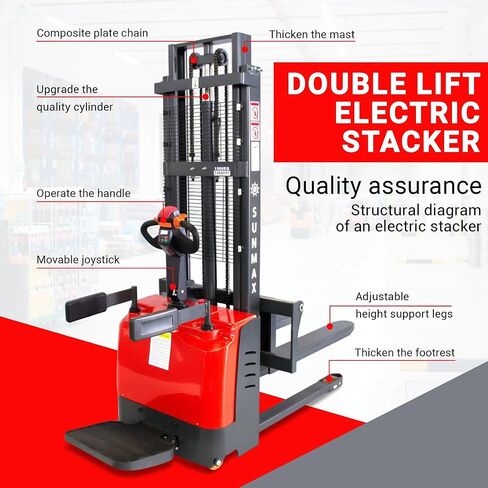 Full Electric Pallet Stacker, 3300 lb Capacity, 118" Lift Height, Walk-Behind Material Lift with Electromagnetic Brake, Fixed Straddle Legs, for Open-Bottom Pallets in Kuwait