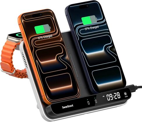 Wireless Charger for Apple Watch and Phone, Dual Phone Charger for iPhone 16/15/14/13/12/11/8/X Series, for Apple Watch 10/9/8/7/6, Ultra 2/Ultra, for AirPods 4/Pro 2/Pro/3, SwanScout 710A in Kuwait