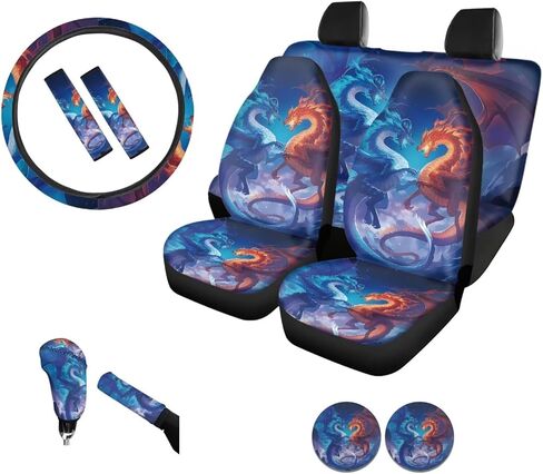 GIFTPUZZ Nebula Galaxy Car Front and Rear Seat Covers with Steering Wheel Cover Seat Belt Shoulder Pads Neoprene Gear Shift Knob and Handbrake Covers Car Coasters Universal Fit Truck SUV Purple Blue in Kuwait