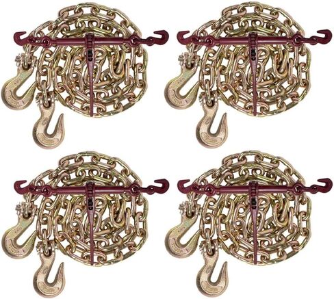 Mytee Products 3/8" Grade 70 Chain and Binder Kit | Includes (4) 3/8" - 1/2" Ratchet Load Binder & (4) 3/8" x 20' G70 Transport Chain w/Grab Hooks | 6600 lbs WLL for Flatbed Truck Trailer Tie Down in Saudi Arabia