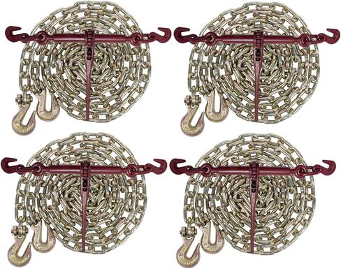 Mytee Products 3/8" Grade 70 Chain and Binder Kit | Includes (4) 3/8" - 1/2" Ratchet Load Binder & (4) 3/8" x 20' G70 Transport Chain w/Grab Hooks | 6600 lbs WLL for Flatbed Truck Trailer Tie Down in Saudi Arabia