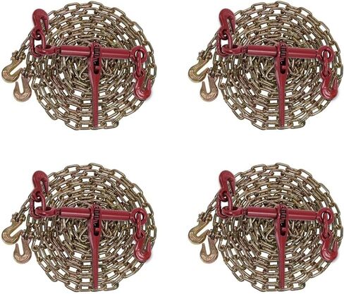 Mytee Products 3/8" Grade 70 Chain and Binder Kit | Includes (4) 3/8" - 1/2" Ratchet Load Binder & (4) 3/8" x 20' G70 Transport Chain w/Grab Hooks | 6600 lbs WLL for Flatbed Truck Trailer Tie Down in Saudi Arabia