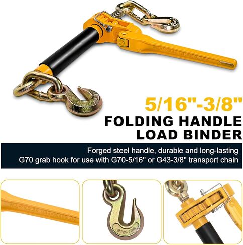 5/16" - 3/8" Folding Handle Load Binder, Heavy Duty Ratchet Chain Binder w/Grab Hooks G70-T80, 7,100 lbs WLL Tie Down Hauling Chain Binders for Flatbed Truck Trailer, 4 Pcs in Kuwait