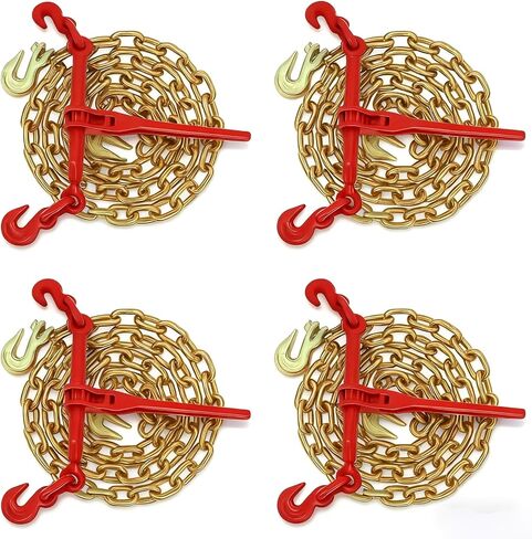 مجموعة ربط سلسلة G80 مع سلسلة - سلسلة نقل 3/8 بوصة × 10 أقدام وموثق تحميل السقاطة، 6600 رطل WLL لكل مجموعة، مجموعة ربط البضائع الثقيلة للشاحنة المسطحة والمقطورة، 4 عبوات in Kuwait