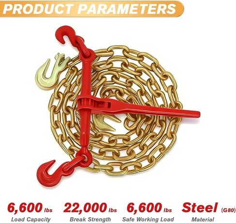 مجموعة ربط سلسلة G80 مع سلسلة - سلسلة نقل 3/8 بوصة × 10 أقدام وموثق تحميل السقاطة، 6600 رطل WLL لكل مجموعة، مجموعة ربط البضائع الثقيلة للشاحنة المسطحة والمقطورة، 4 عبوات in Kuwait