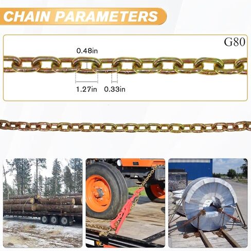 مجموعة ربط سلسلة G80 مع سلسلة - سلسلة نقل 3/8 بوصة × 10 أقدام وموثق تحميل السقاطة، 6600 رطل WLL لكل مجموعة، مجموعة ربط البضائع الثقيلة للشاحنة المسطحة والمقطورة، 4 عبوات in Kuwait