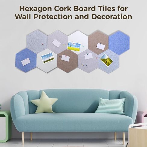 Hexagon Cork Board Tiles 10 Pack, Self-Adhesive Wall Decor with 30 Colorful Push Pins, Ideal for Home Or Office in Kuwait