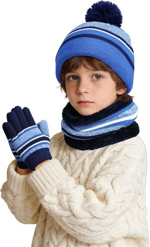 Cierto Kids Winter Hat Gloves Scarf Set Knit Beanie for Boys Girls 3–10 Years Fleece Lined with Cute Pom Pom in Kuwait