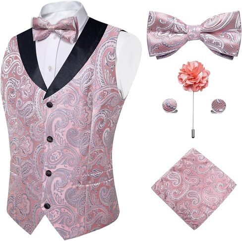 DiBanGu Mens Vest and Bowtie Set Silk Paisley Waistcoat and Bowtie Pocket Square Cufflinks with Lapel Pin for Wedding Party in Kuwait