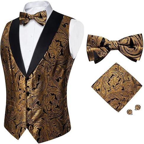 DiBanGu Mens Vest and Bowtie Set Silk Paisley Waistcoat and Bowtie Pocket Square Cufflinks with Lapel Pin for Wedding Party in Kuwait