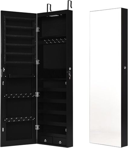 COSTWAY Mirror Jewelry Armoire, Wall Door Mounted Jewelry Organizer w/Full-length Mirror and 2 LED Lights, Lockable Large Capacity Jewelry Cabinet for Earrings, Necklaces, Bracelets (Black) in Kuwait