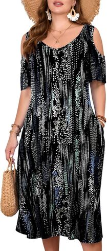 LARACE Plus Size Women Dress for Summer, Midi Women's Sundress, Casual V-Neck Short Sleeve Flowy T-Shirt Dresses with Pockets in Kuwait