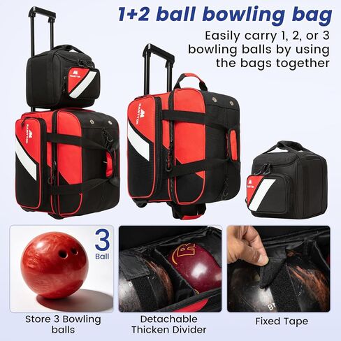 3 أكياس كرات بولينج بعجلات، 2 كيس كرات بولينج، بكرة مزدوجة مع حقيبة كرة واحدة، جيوب متعددة ومساحة للأحذية (تناسب حتى مقاس 15). in Kuwait