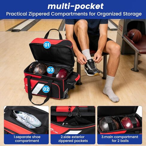 3 أكياس كرات بولينج بعجلات، 2 كيس كرات بولينج، بكرة مزدوجة مع حقيبة كرة واحدة، جيوب متعددة ومساحة للأحذية (تناسب حتى مقاس 15). in Kuwait