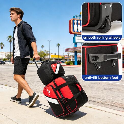 3 أكياس كرات بولينج بعجلات، 2 كيس كرات بولينج، بكرة مزدوجة مع حقيبة كرة واحدة، جيوب متعددة ومساحة للأحذية (تناسب حتى مقاس 15). in Kuwait