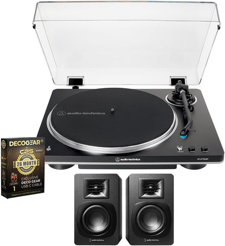 Audio-Technica AT-LP70XBT-BS Fully Automatic Wireless Belt-Drive Turntable, Black/Silver Bundle with AT-SP3X Bookshelf Speakers and Deco Gear CPS 26 Month Protection Pack (Beach-CPS- 26500) in Saudi Arabia