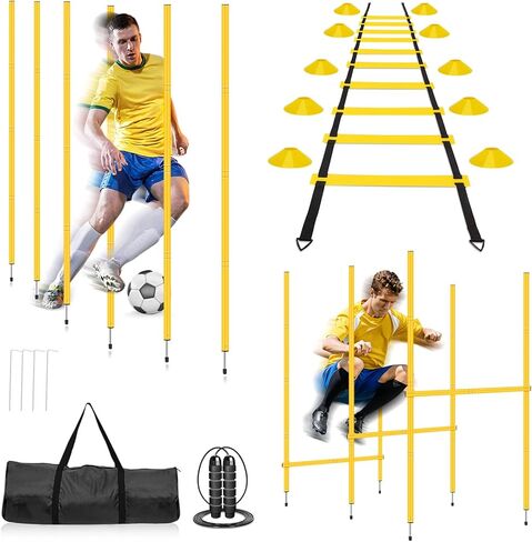 Agility Training Set: 3 Adjustable Speed Hurdles, 6 Agility Poles, 1 Agility Ladder, 12 Soccer Cones & Jump Rope, Multi-Function Soccer Training Equipment for Athletes, Amateurs, Youth in Saudi Arabia