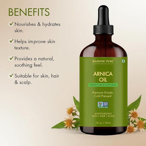 Majestic Pure Arnica Oil 4oz (118ml) Premium Carrier Oil with Dropper for Hair Care, Hair Oiling, Scalp Massage, & Skin Care in Kuwait