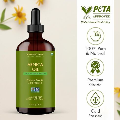 Majestic Pure Arnica Oil 4oz (118ml) Premium Carrier Oil with Dropper for Hair Care, Hair Oiling, Scalp Massage, & Skin Care in Kuwait