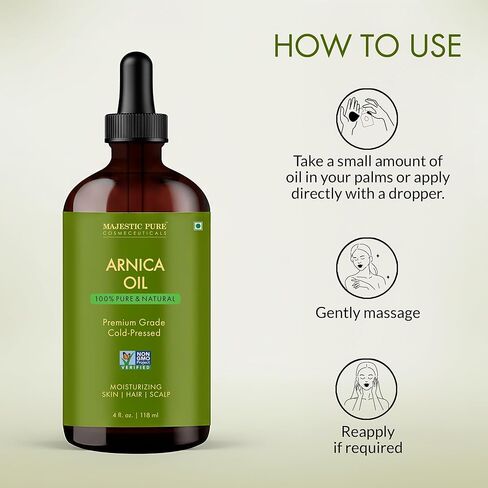 Majestic Pure Arnica Oil 4oz (118ml) Premium Carrier Oil with Dropper for Hair Care, Hair Oiling, Scalp Massage, & Skin Care in Kuwait