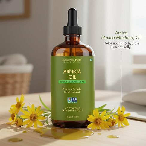 Majestic Pure Arnica Oil 4oz (118ml) Premium Carrier Oil with Dropper for Hair Care, Hair Oiling, Scalp Massage, & Skin Care in Kuwait