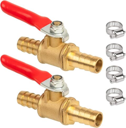3/8" Barb Shut-Off Ball Valve, Brass Hose Barb Fittings, Heavy-Duty Valve for Air, Water, Fuel Line Systems, Includes 4 Stainless Steel Clamps, Leak-Free, 2-Pack in Kuwait