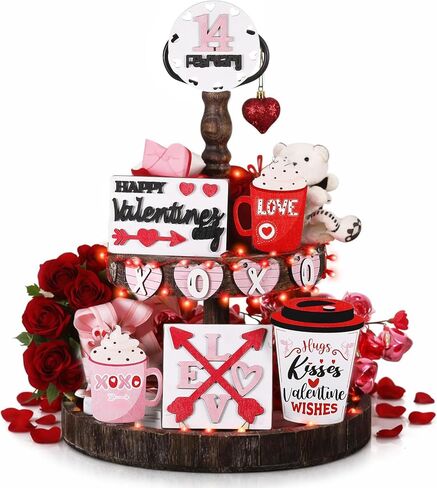 Patelai 10 Pcs Valentine's Day Tiered Tray Decorations Set Wooden Valentine's Day Table Signs Love Heart Farmhouse Valentine Tiered Tray Decor for Home Tabletop Valentine's Day Decor in Saudi Arabia