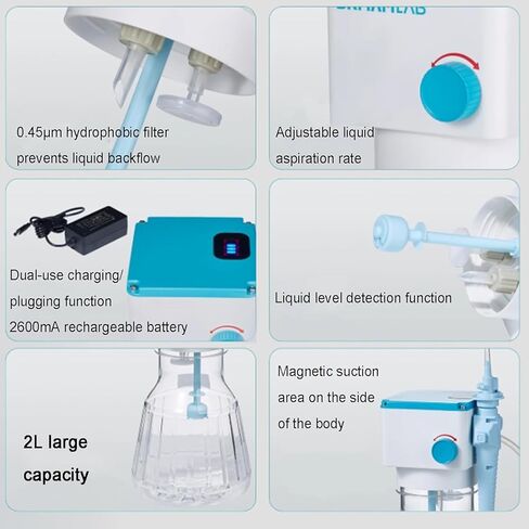 2L Waste Liquid Recycler, Liquid Recycler Vacuum Aspirator, with 3 Pcs Long/Short/8 Rows Aspiration Head, Foot Pedal/Knob Control, Speed Adjustable, Rechargeable, for Lab Teaching in Kuwait