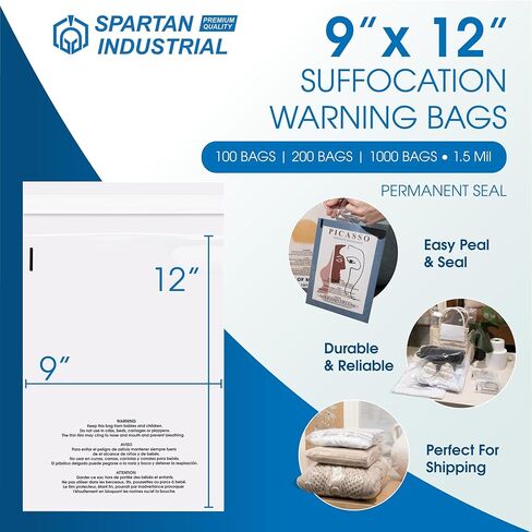 Spartan Industrial - 9" X 12" (1000 Count) Self Seal Clear Poly Bags with Suffocation Warning for Packaging, T Shirts - Permanent Adhesive in Kuwait