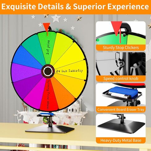 24 Inch Prize Wheel, Tabletop Spinning Wheel for Prizes, Prize Wheel Spinner with Stand & 12 Slots & Dry Erase & Eraser for Party, Carnival, Trade Show, Spinning Game in Kuwait