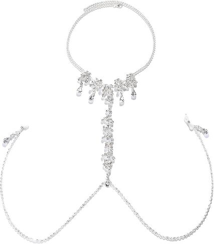 Rhinestone Noose Nipple Clip Chain with Necklace Adjustable Non Piercing Nipple Clamps Rave Body Accessories Jewelry (Silver) in Kuwait