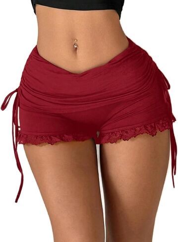 Women‘s Micro Shorts Lace Side Drawstring Ruched Ruffle Low Rise Stretchy Mini Shorts in Kuwait