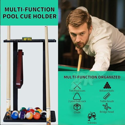 حامل عصا حمام السباحة - حامل أرضي لحمام السباحة مع تصميمات تخزين متعددة، حامل خشبي لحمام السباحة لتخزين 10 أعواد تخزين وكرة حمام السباحة، رفوف البلياردو لطاولة حمام السباحة في غرفة البلياردو in Kuwait