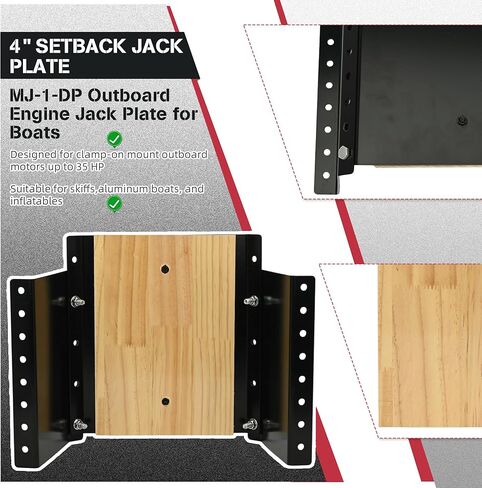 MJ-1-DP Outboard Jack Plate, 4'' Setback Small Engine Jack Plates for Outboard Motors up to 35HP, Adjustable Jackplate with Wooden Mounting Block, Manual Add Distance Between Engine and Transom in Kuwait