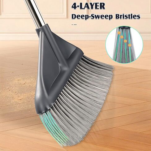 مجموعة مكنسة ومجرفة للمنزل بمقبض بزاوية طويلة 52 بوصة - مجرفة واقفة بدون حافة معدنية تزييفها، كنس مريح، شعيرات 4 طبقات وأسنان تنظيف الشعر لمكتب المطبخ in Kuwait