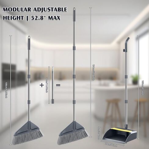 مجموعة مكنسة ومجرفة للمنزل بمقبض بزاوية طويلة 52 بوصة - مجرفة واقفة بدون حافة معدنية تزييفها، كنس مريح، شعيرات 4 طبقات وأسنان تنظيف الشعر لمكتب المطبخ in Kuwait