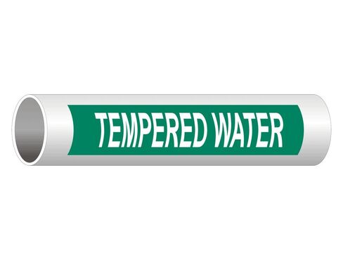 ComplianceSigns.com Tempered Water (White Legend On Green Background) Pipe Label Decal, 8x2 inch 5-Pack Vinyl for Pipe Markers in Saudi Arabia