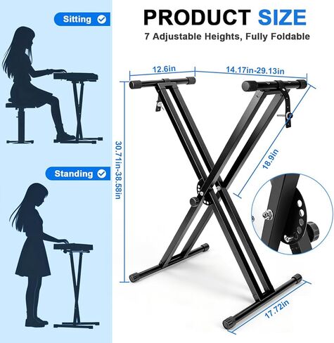 Double-X Keyboard Stand,7 Adjustable Heights Piano Stand with Locking Straps, Heavy Duty Piano Keyboard Stand Fits for 54，61，88 Key Digital Pianos in Saudi Arabia