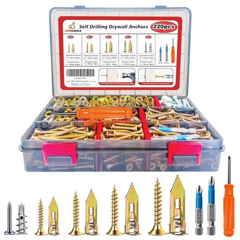 220PCS Self Drilling Drywall Anchors with Screws Kit,5-Sizes Metal Expansion Bolt for Dry Wall,110 PCS Sheetrock Anchors and 110 PCS Screws-No Drill Needed in Kuwait