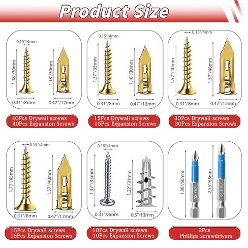 220PCS Self Drilling Drywall Anchors with Screws Kit,5-Sizes Metal Expansion Bolt for Dry Wall,110 PCS Sheetrock Anchors and 110 PCS Screws-No Drill Needed in Kuwait