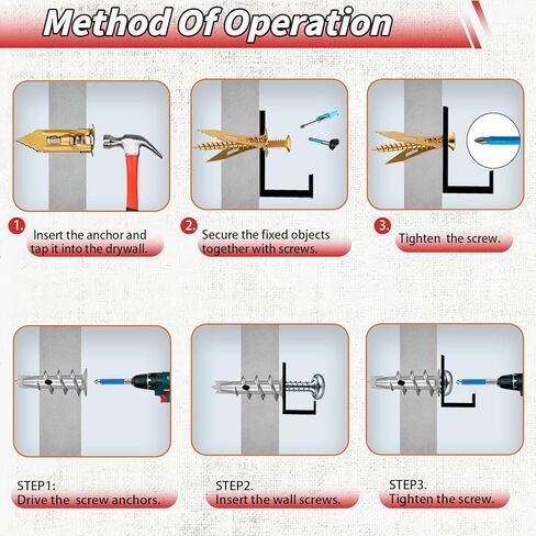 220PCS Self Drilling Drywall Anchors with Screws Kit,5-Sizes Metal Expansion Bolt for Dry Wall,110 PCS Sheetrock Anchors and 110 PCS Screws-No Drill Needed in Kuwait