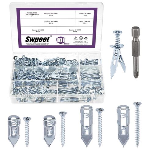 Swpeet 201Pcs 4 Sizes Black Zinc-Plated Drywall Self-Drilling Anchors with Screws and Drill Bit Assortment Kit, No Drill Or Holes in Wall for TV, Bike, Shelf Straps, Decoration Fixing Curtains in Saudi Arabia