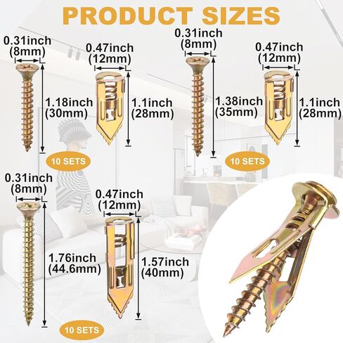 PAGOW 60 Pcs Self-Drilling Anchors, Ancors and Screws for Heavy Duty, Metal Screw Anchors Kit, No Drill and Holes in Wall (3 Sizes) in Saudi Arabia