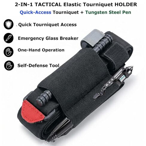 Tactical Tourniquet Holder with Integrated Pen Slot, Horizontal TQ Pouch for Duty Belt, Elastic Retention Band with Tungsten Steel Marker for TQ Application Time Recording & Emergency Use in Kuwait