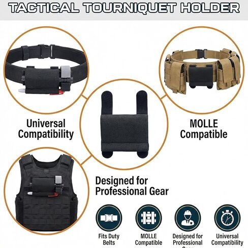 Tactical Tourniquet Holder with Integrated Pen Slot, Horizontal TQ Pouch for Duty Belt, Elastic Retention Band with Tungsten Steel Marker for TQ Application Time Recording & Emergency Use in Kuwait