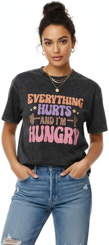 Funny Gym Shirts for Women-Everything Hurts and I'm Hungry - Soft Fabric Workout Running Hiking Outdoor Activities in Saudi Arabia