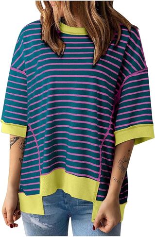 Women Summer Tops Casual Crewneck Short Sleeve Sweatshirt Striped Color Block Trendy Pullover Knitted T Shirts Blouse in Saudi Arabia